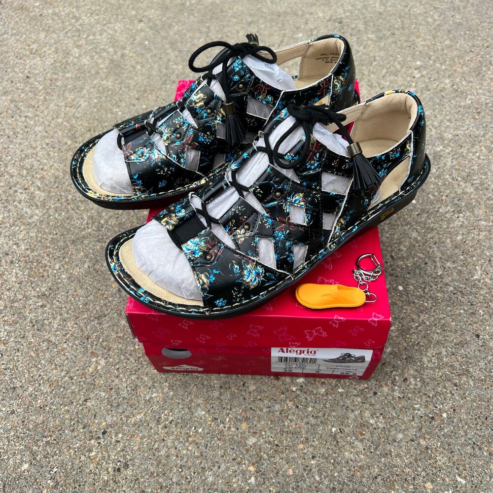 Alegria Valerie in Passionate Black Blue Floral Sz 39/9 VAL-7533 w Keychain NEW